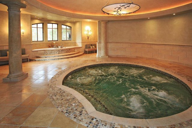 If you need another place to relax, there's this 12-person jacuzzi, in addition to several other soaking tubs. 