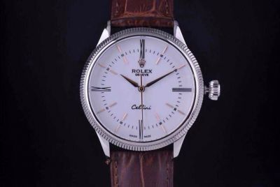 Rolex Cellini White Face Brown Leather Watch