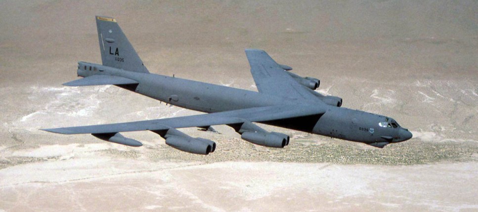 -In a conventional conflict, the B-52 can perform air interdiction, offensive counter-air and maritime operations. During Desert Storm, B-52s delivered 40 percent of all the weapons dropped by coalition forces. It is highly effective when used for ocean surveillance, and can assist the U.S. Navy in anti-ship and mine-laying operations. Two B-52s, in two hours, can monitor 140,000 square miles (364,000 square kilometers) of ocean surface. All B-52s are equipped with an electro-optical viewing system that uses platinum silicide forward-looking infrared and high resolution low-light-level television sensors to augment the targeting, battle assessment, flight safety and terrain-avoidance system, thus further improving its combat ability and low-level flight capability. (U.S. Air Force photo)