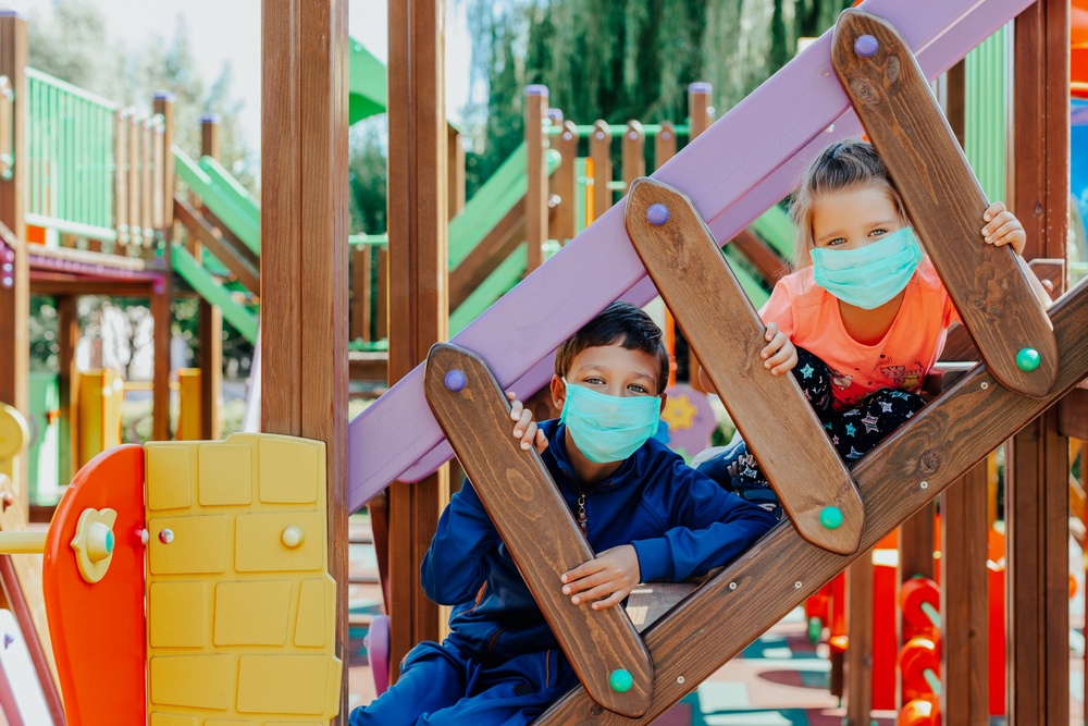Children,Wearing,Protective,Masks,Playing,On,Playground
